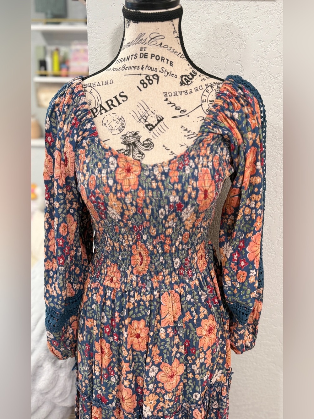 Angie Floral Maxi Dress Medium Boho Cottagecore Smocked Crochet Sleeve 100%Rayon - Picture 4 of 8